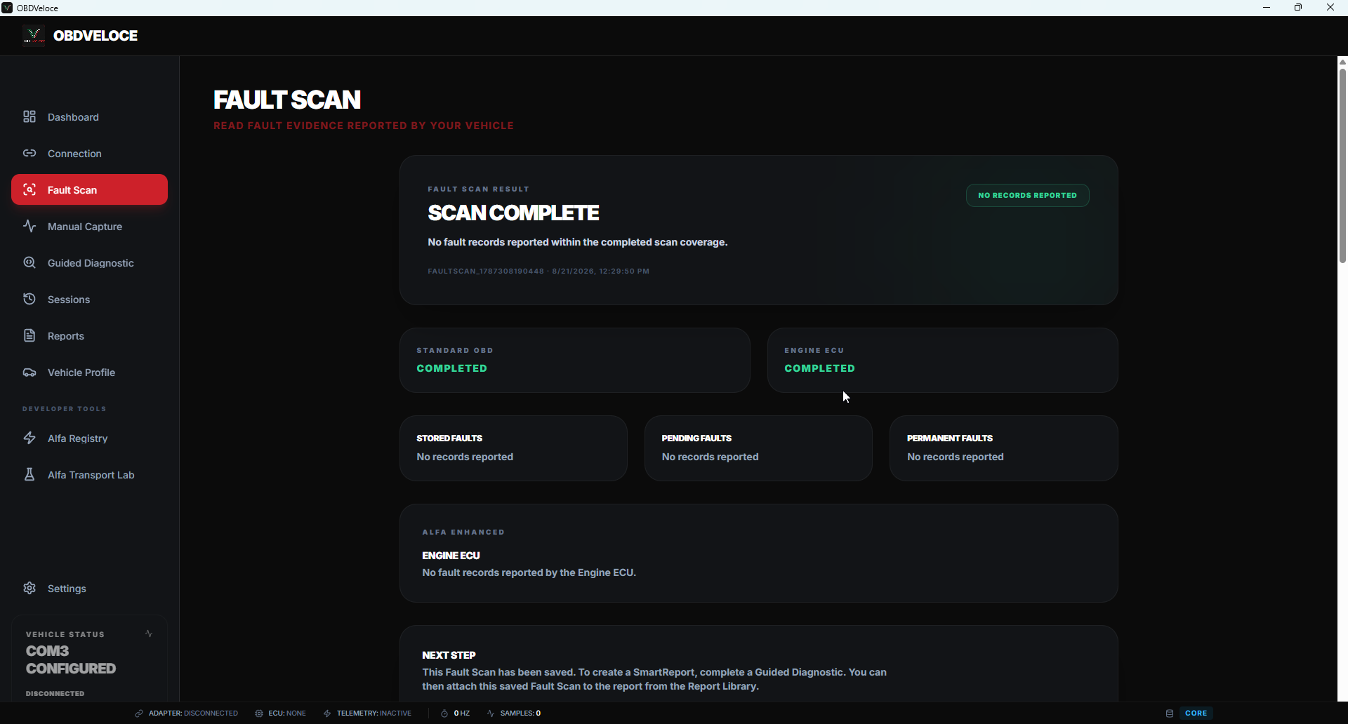 Recorded OBDVeloce Engine Fault Scan overview — open the full-size image