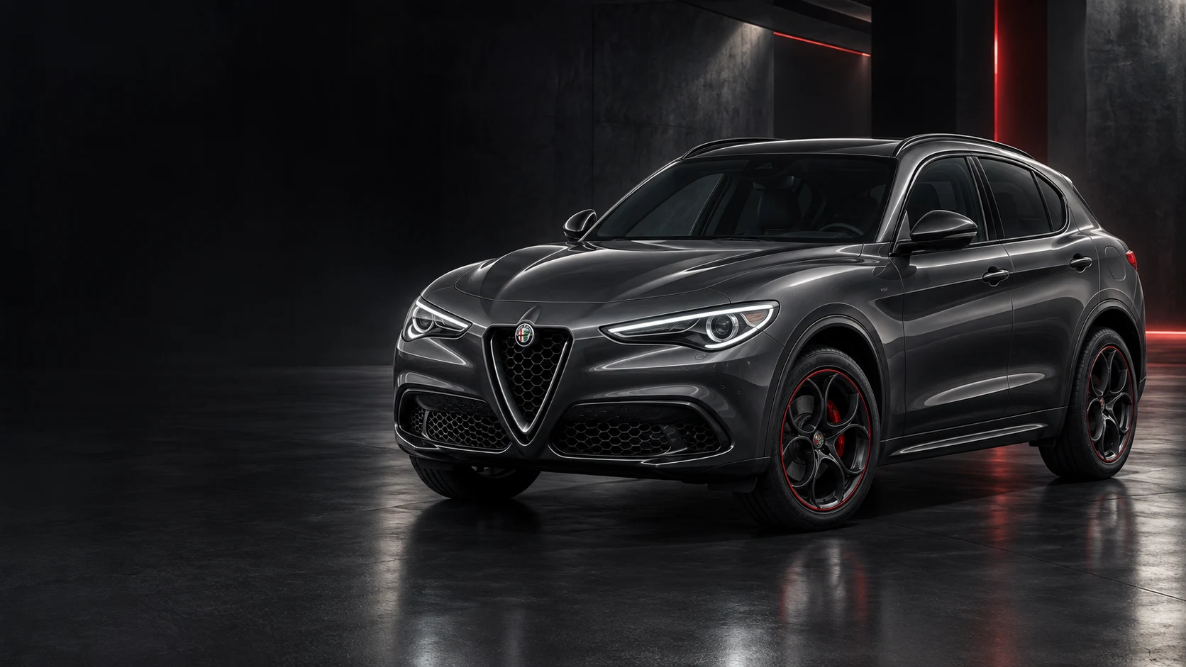 Graphite Alfa Romeo Stelvio in a dark studio, with an optional illustrative engine cutaway.