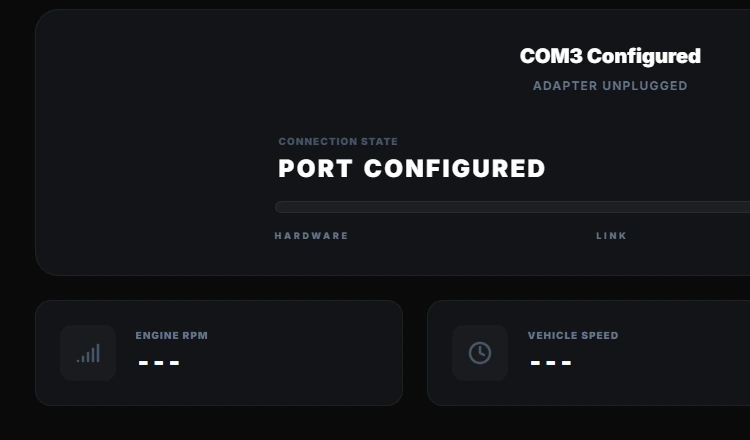 The OBDVeloce adapter connection screen, showing the COM port configured, the adapter unplugged and the baseline signal values still empty while no session is connected.